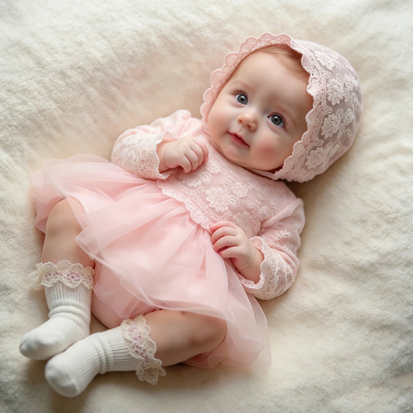 Newborn Princess Lace Tulle Dress with Hat- White Christening Gown