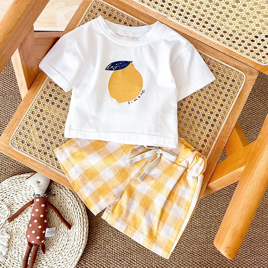 Lemon Print T-Shirt and Checkered Shorts Set