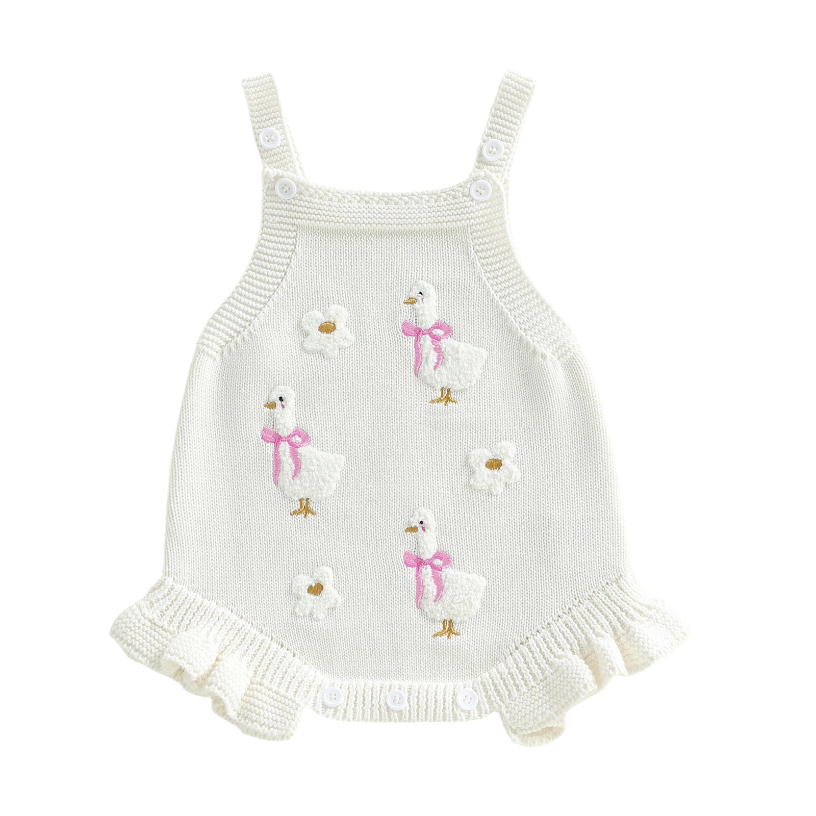 Baby Girl Sleeveless Duck & Flower Knit Overall Bodysuit