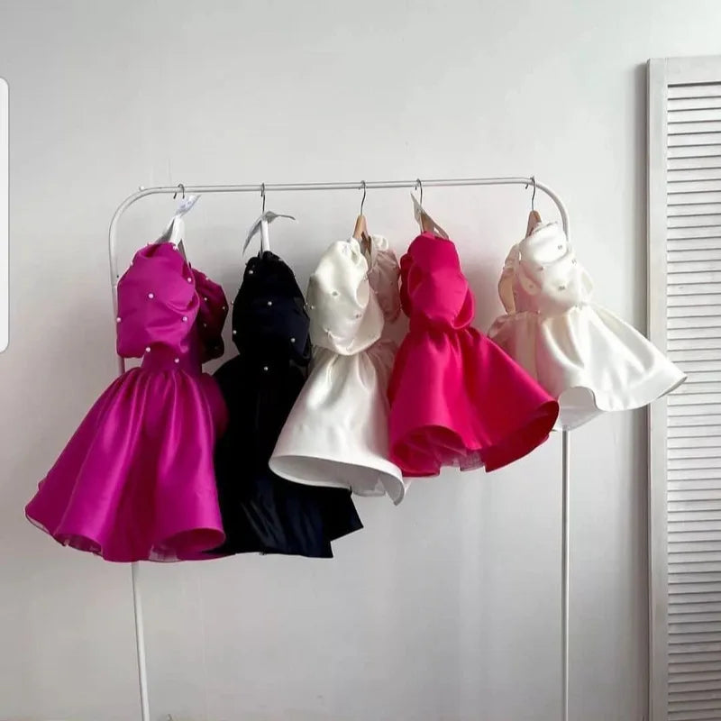 Girl's Satin Puff Sleeve Party Dress