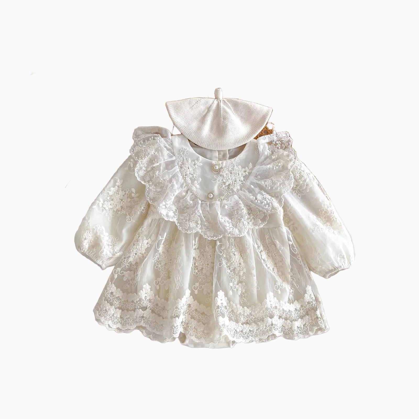 Baby Girl Vintage Lace Princess Romper Dress with Ruffled Collar