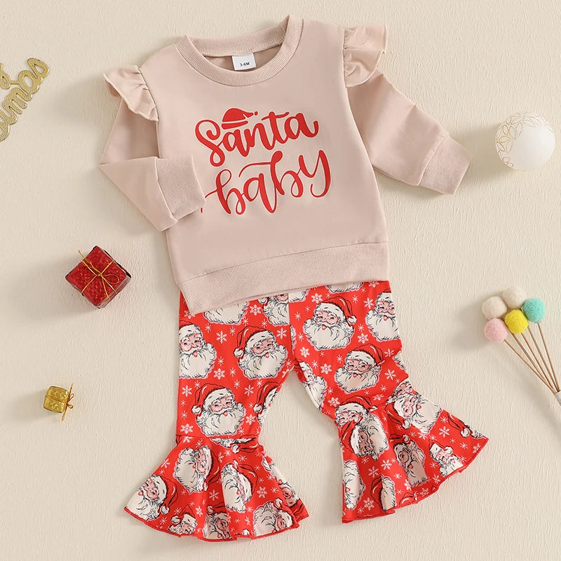Baby Girl Christmas Santa Sweatshirt & Flare Pants Set