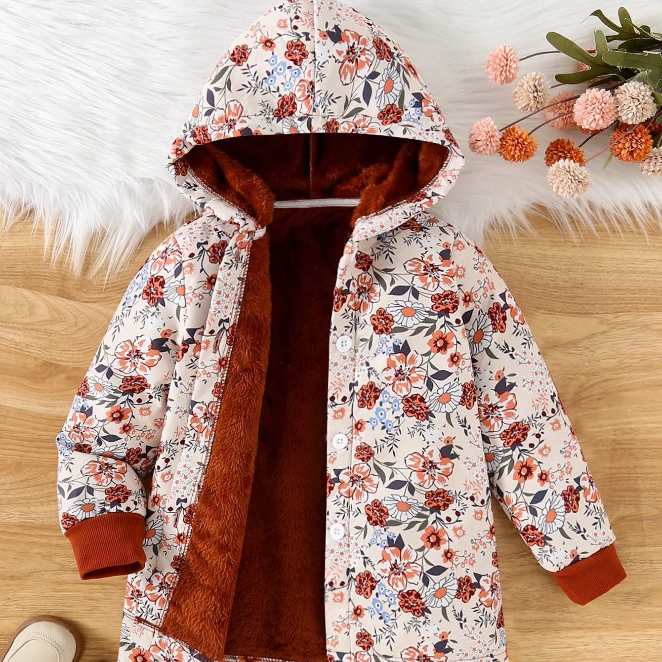 Floral Print Fleece-Lined Hooded Jacket