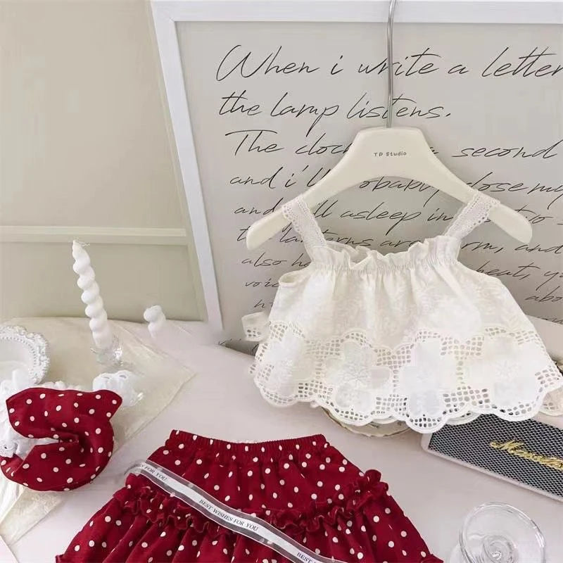 3-Piece Lace Tank Top, Polka Dot Skirt & Hood Set