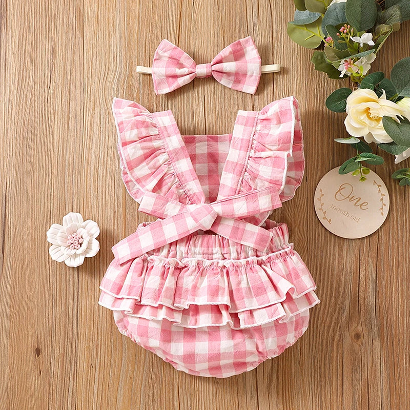 Baby Girl Ruffle Plaid Romper with Matching Headband
