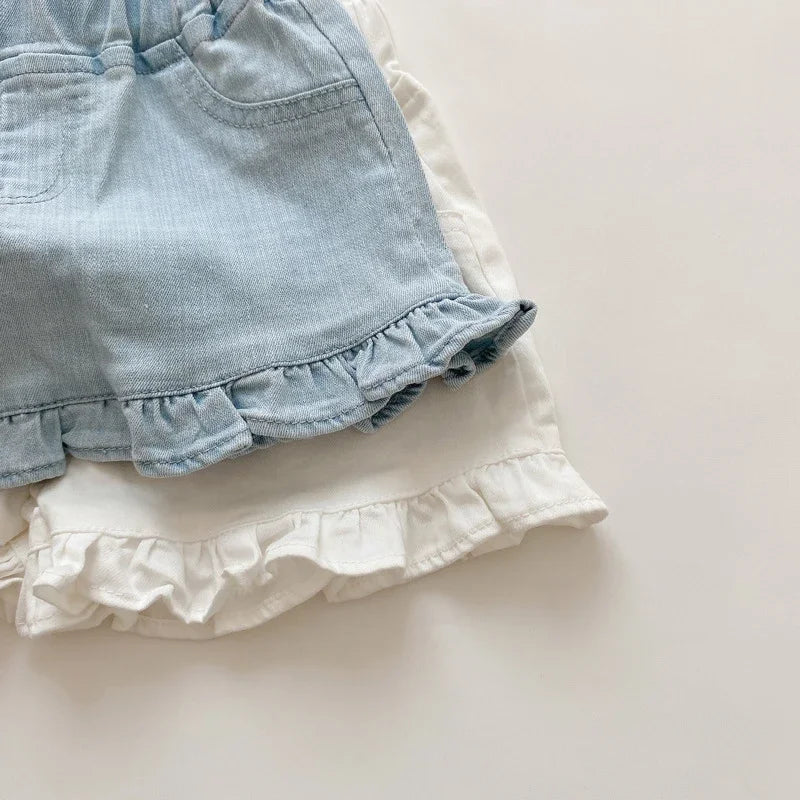 Girls Solid Ruffle Hem Elastic Waist Shorts