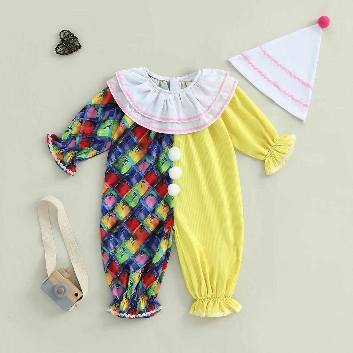 Toddler Clown Costume Jumpsuit & Hat- Funny Halloween Outfit