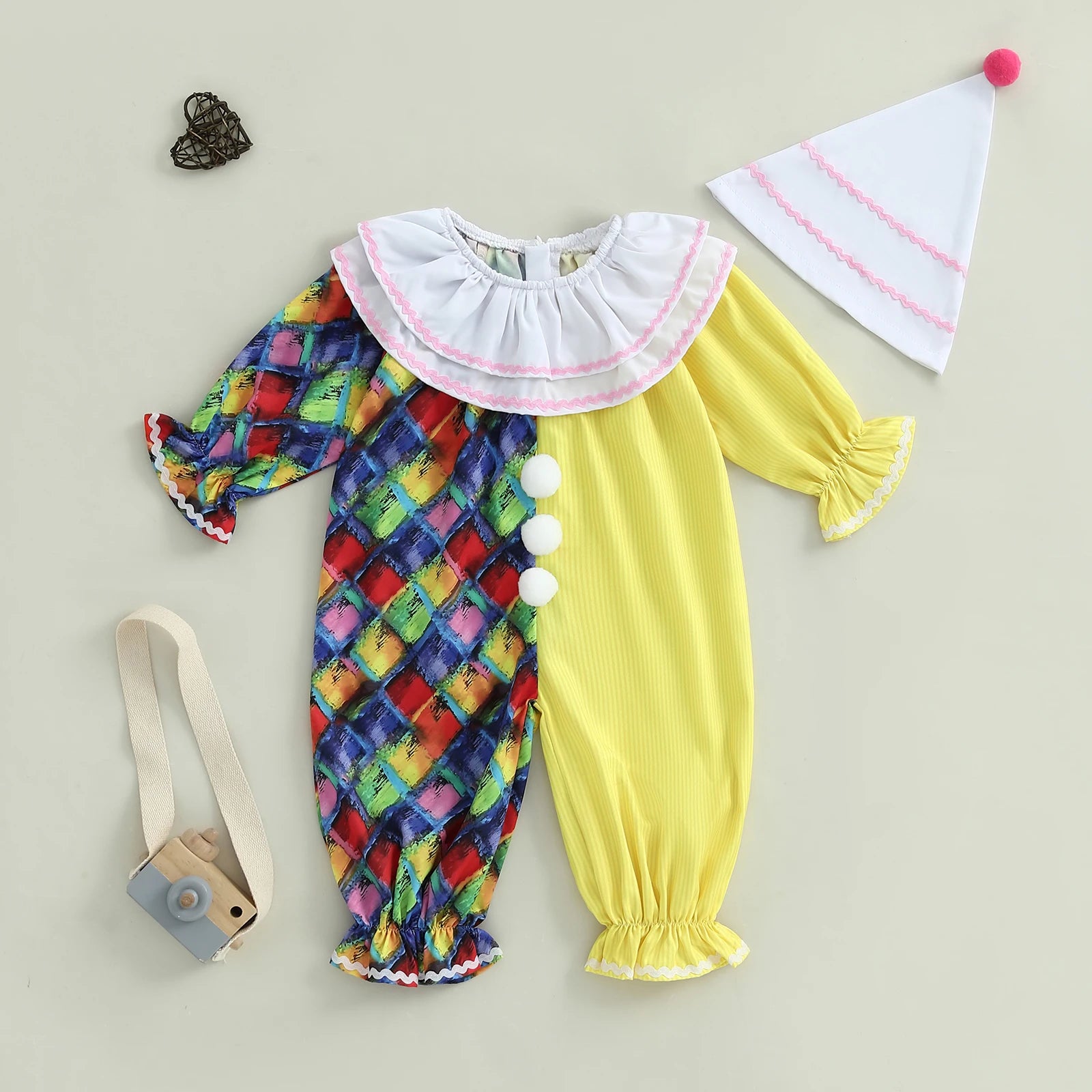 Toddler Clown Costume Jumpsuit & Hat- Funny Halloween Outfit