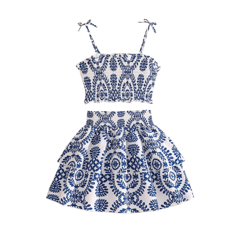 Girls Blue White Floral Smocked Spaghetti Strap Top & Tiered Skirt Set