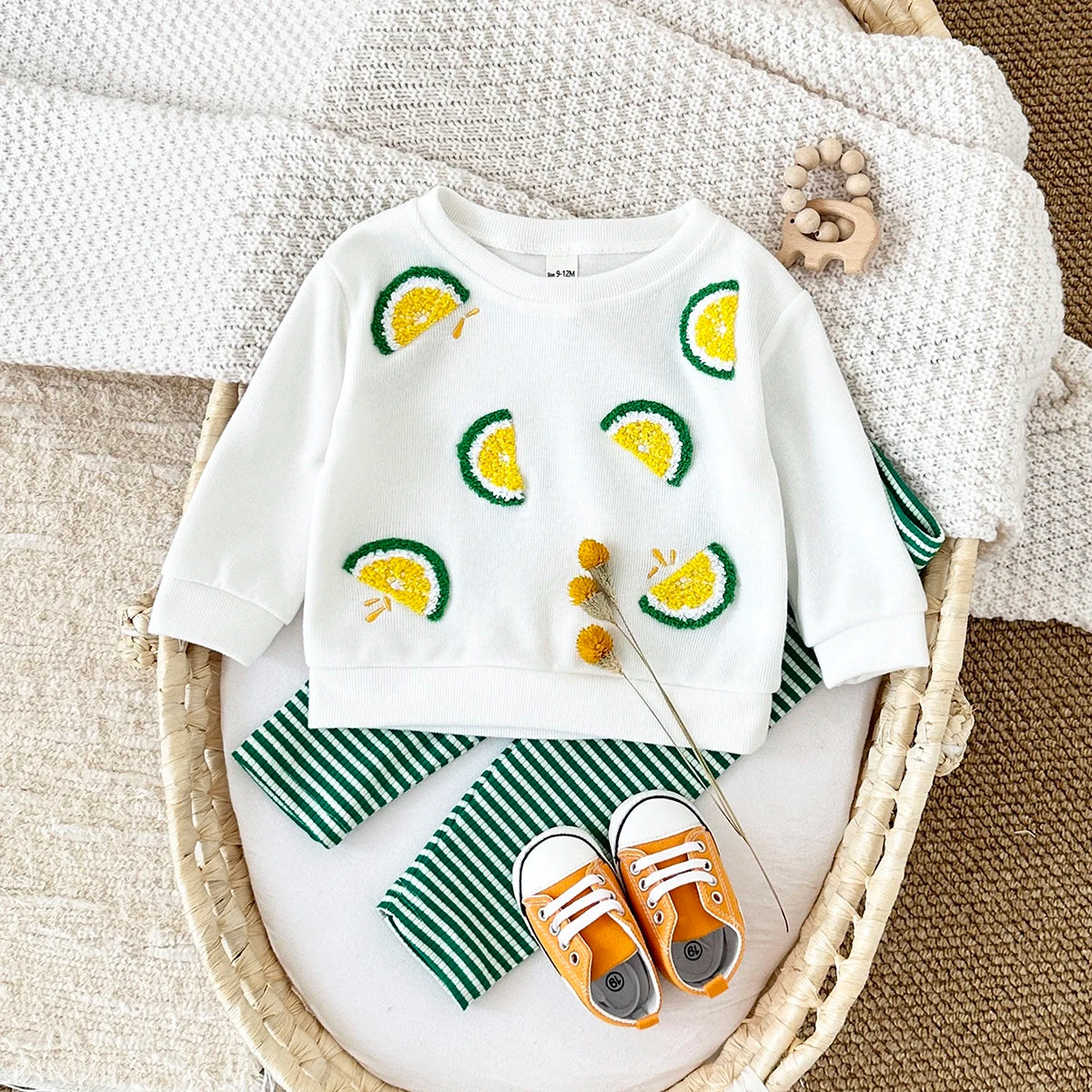 Lemon Embroidered Sweatshirt and Striped Pants Set