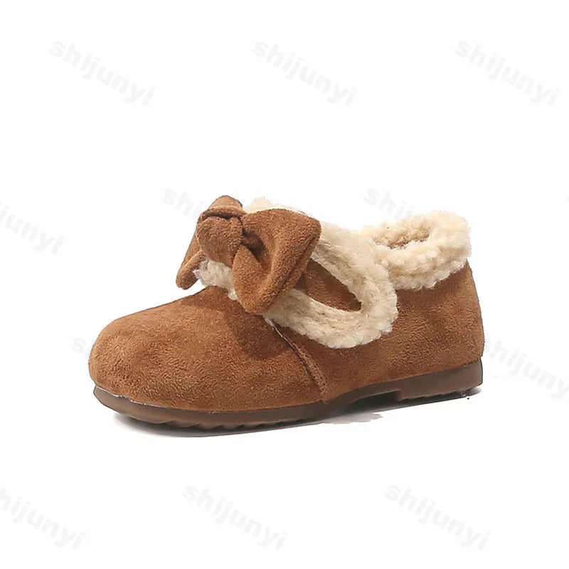 Retro Bow Plush Fur Children's Flats - Warm Fluffy Kids Casual Shoes