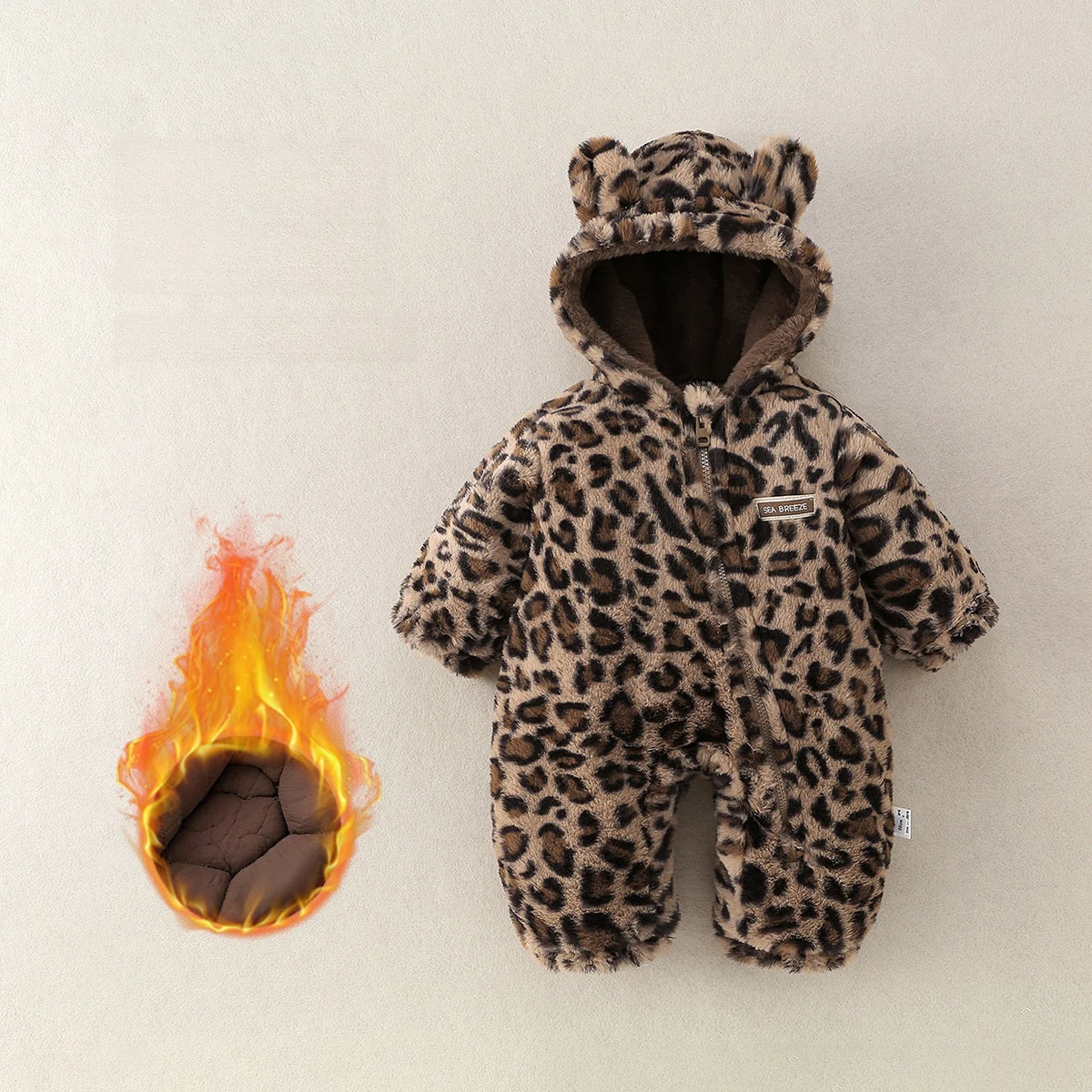 Baby Winter Hooded Romper with Fur Lining Leopard Print