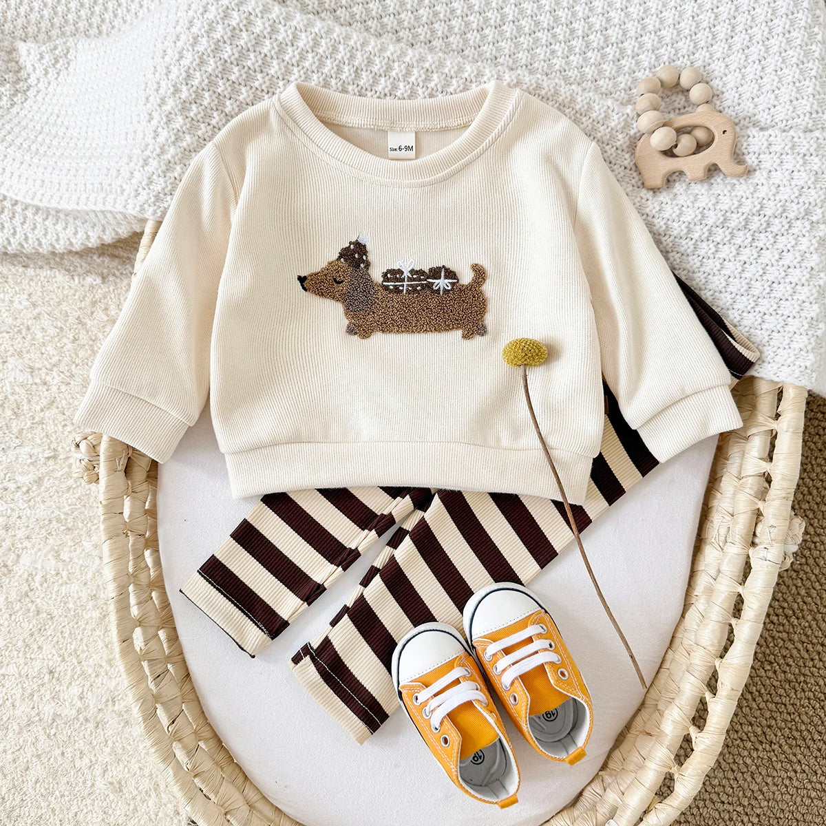 2Pcs Long Sleeve Puppy Top and Striped Pants