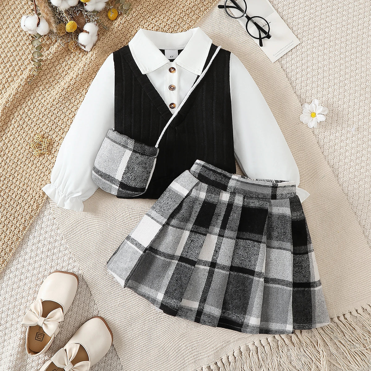 Girls' 3-Piece College Style Set: Top, Checkered Skirt & Bag (4-7T)