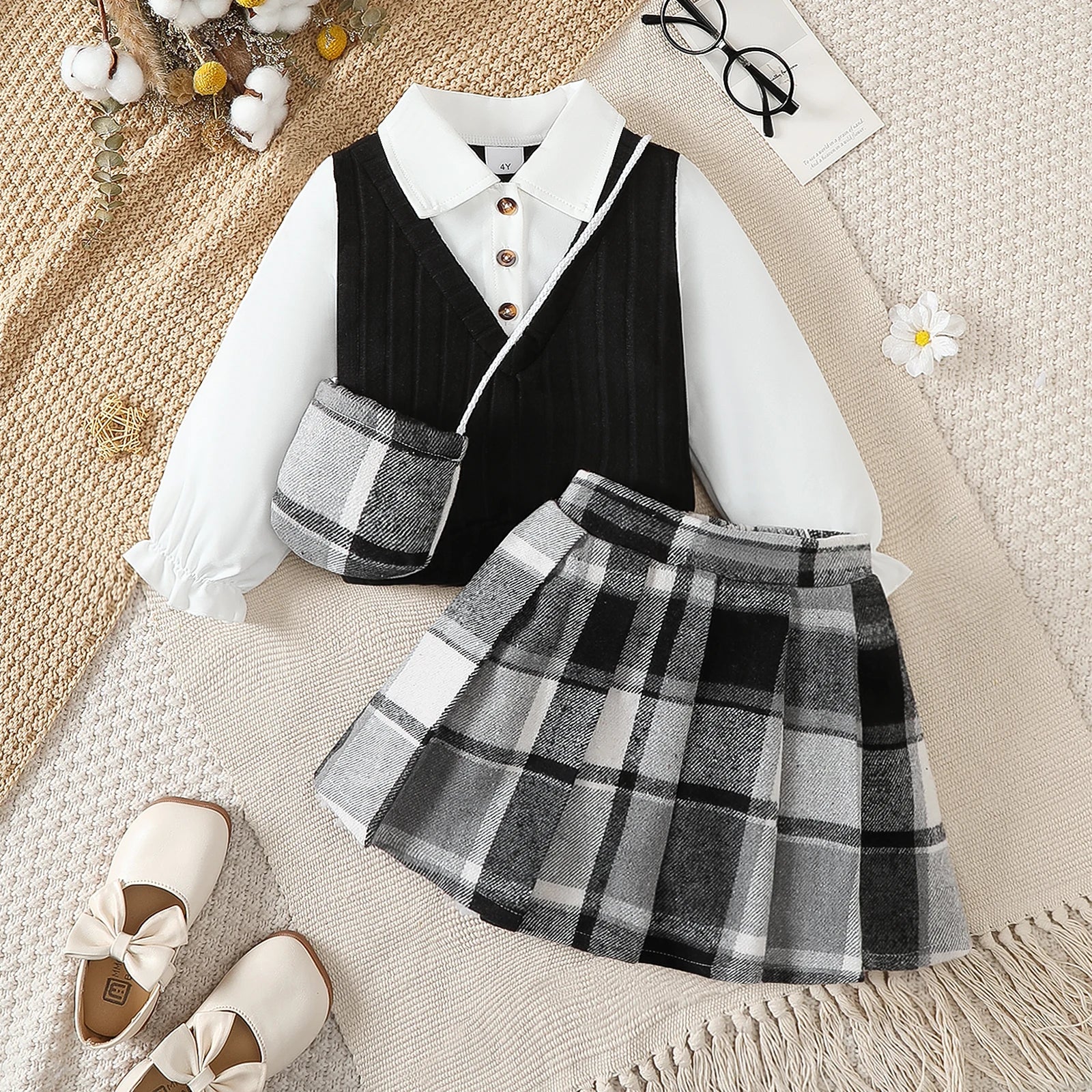 Girls' 3-Piece College Style Set: Top, Checkered Skirt & Bag (4-7T)