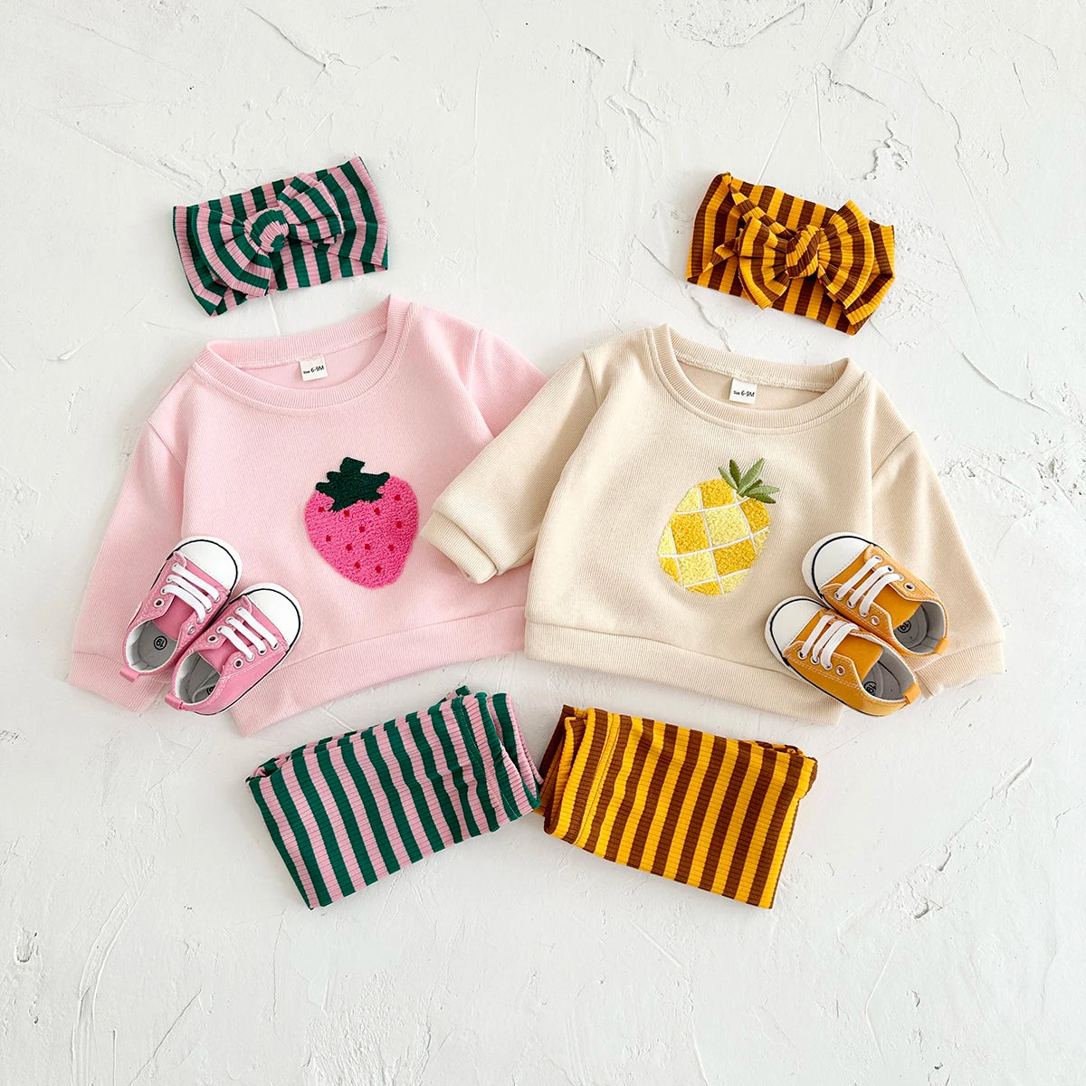 Embroidery Fruit Sweatshirt and Striped Pants Set