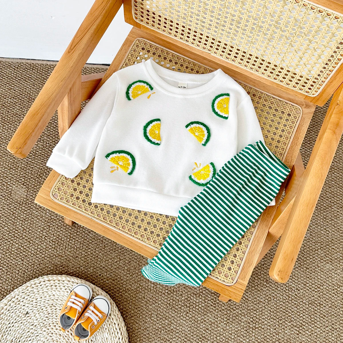 Lemon Embroidered Sweatshirt and Striped Pants Set