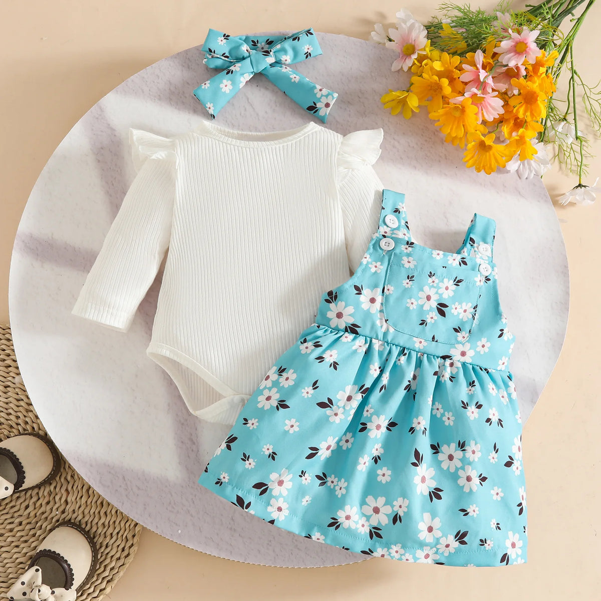 Baby Girl 3-Piece Fall Set | Ribbed Romper + Floral Overall Skirt + Hair Band