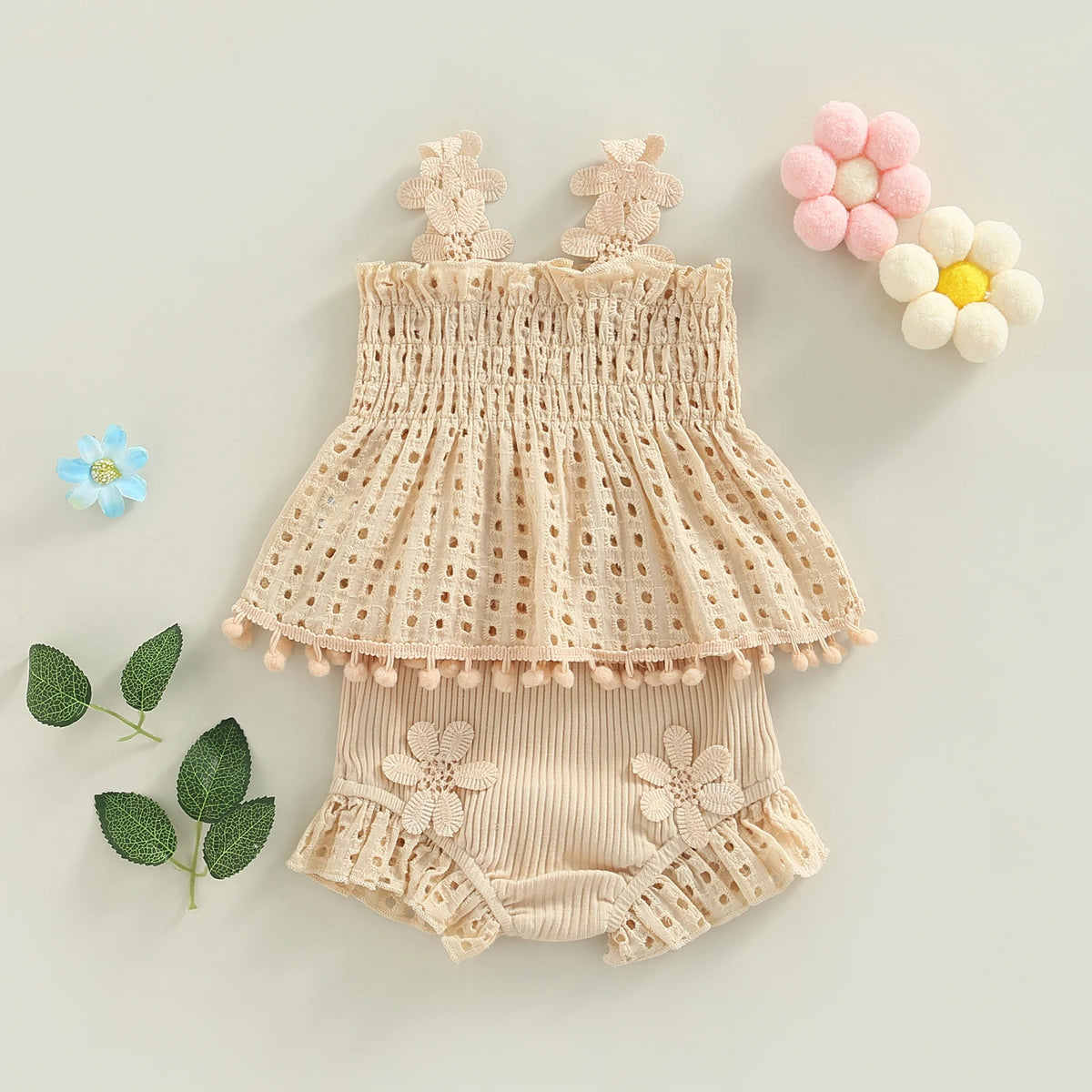 Baby Girl Eyelet Smocked Pom-Pom Tank Top & Ruffle Shorts 2-Piece Set