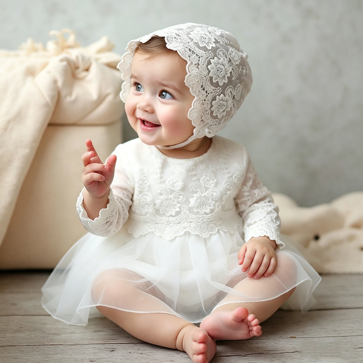Newborn Princess Lace Tulle Dress with Hat- White Christening Gown