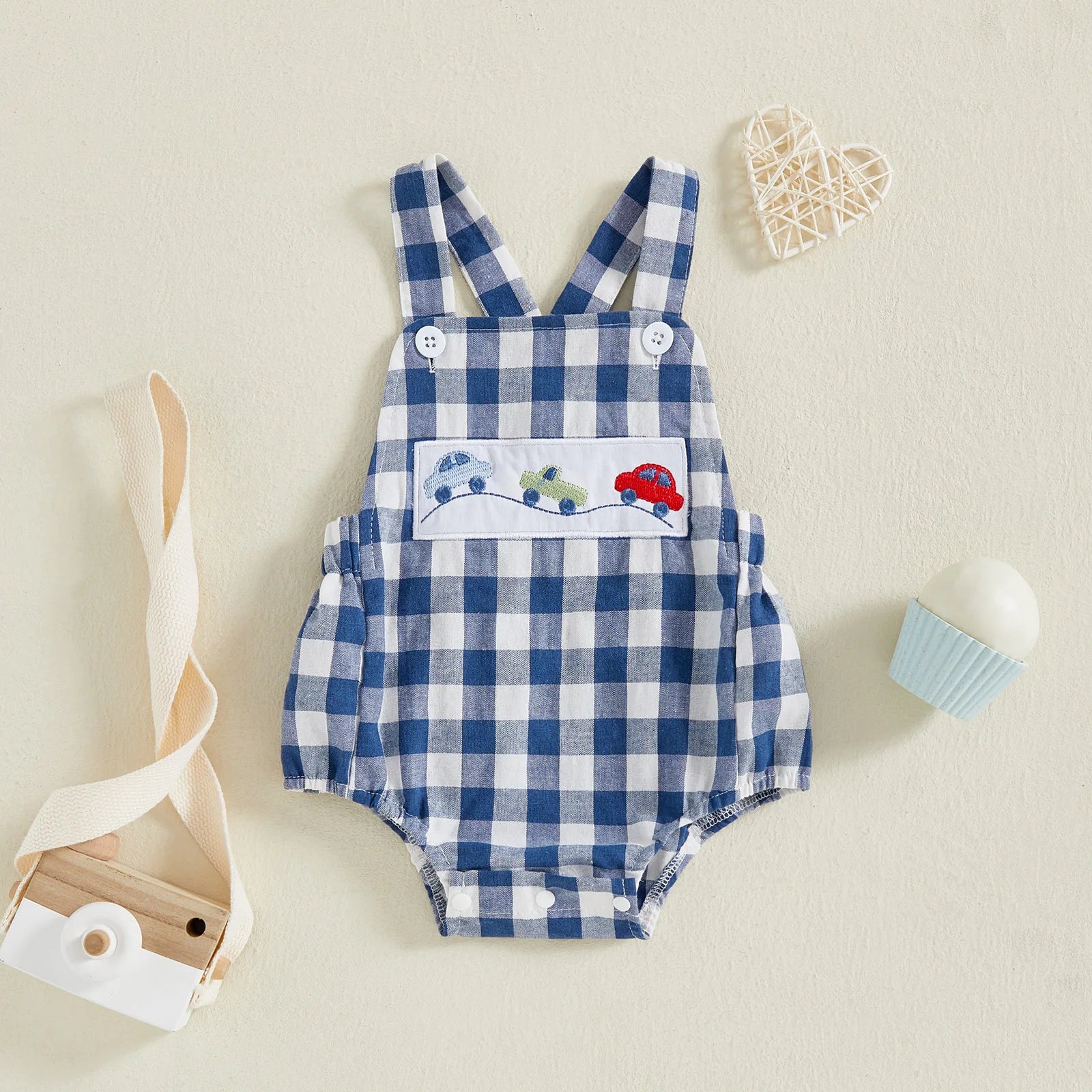 Plaid & Car Embroidery Summer Overalls