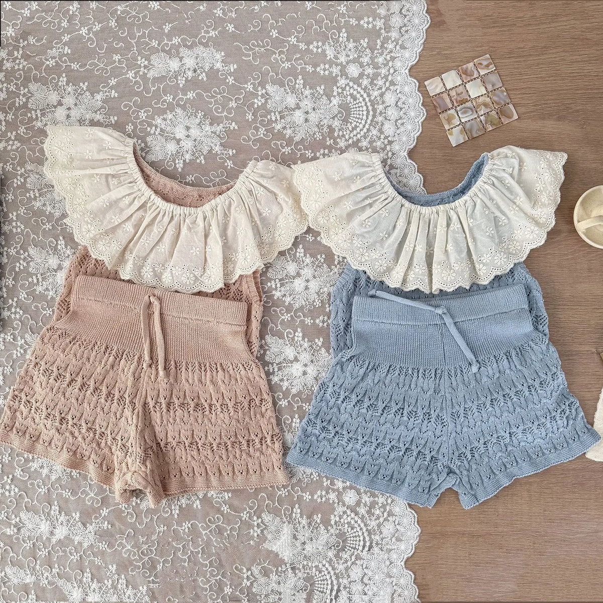 Baby Girls Hollow Knit Lace Collar Vest & Shorts Set
