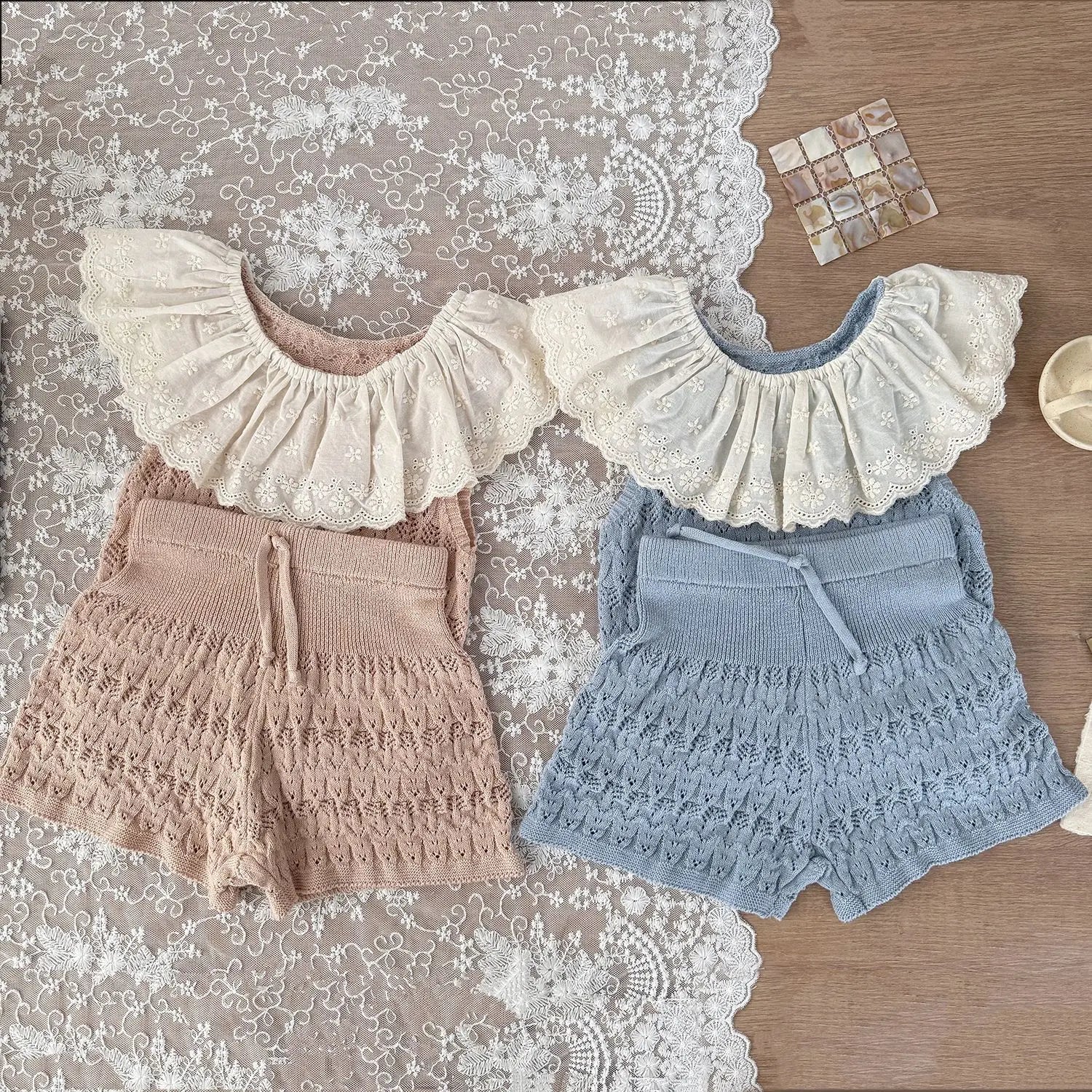 Baby Girls Hollow Knit Lace Collar Vest & Shorts Set