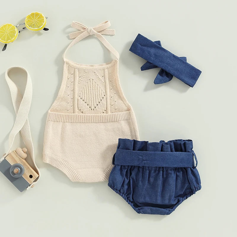 Baby Girl Tie-Up Halter Knit Romper, Belted Shorts & Headband 3-Piece Set