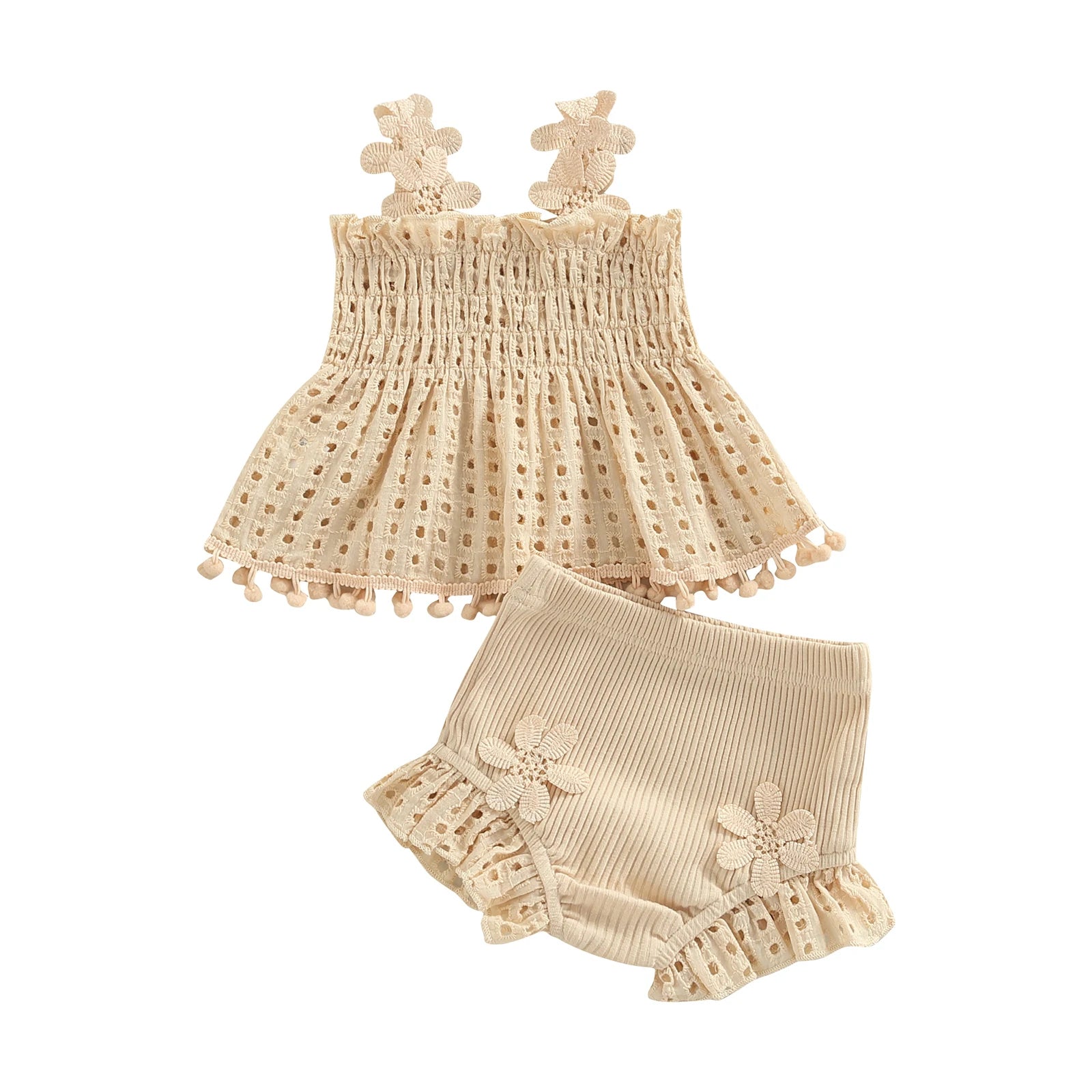 Baby Girl Eyelet Smocked Pom-Pom Tank Top & Ruffle Shorts 2-Piece Set