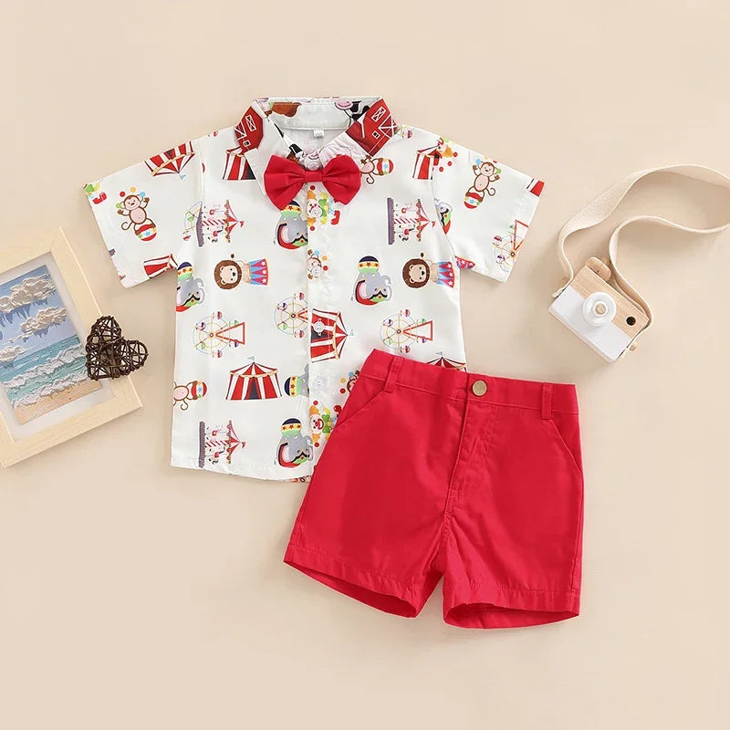Boys Farm Circus Print 2-Piece Outfit Set with Bow Tie