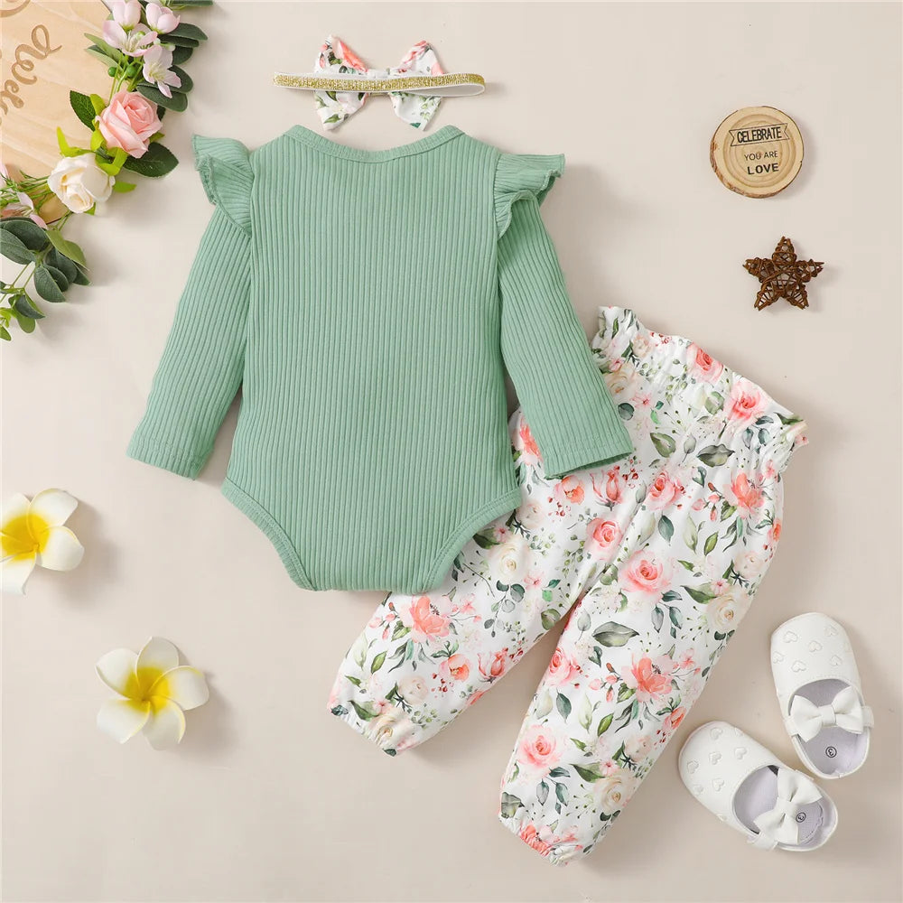 Long Sleeve Romper, Floral Pants and Headband Set