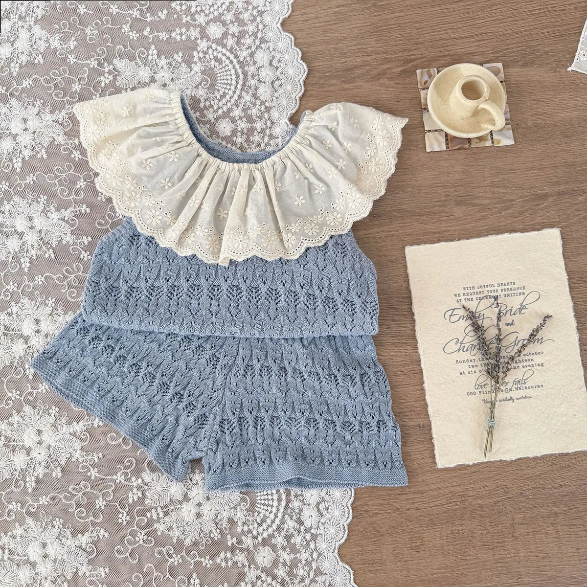 Baby Girls Hollow Knit Lace Collar Vest & Shorts Set