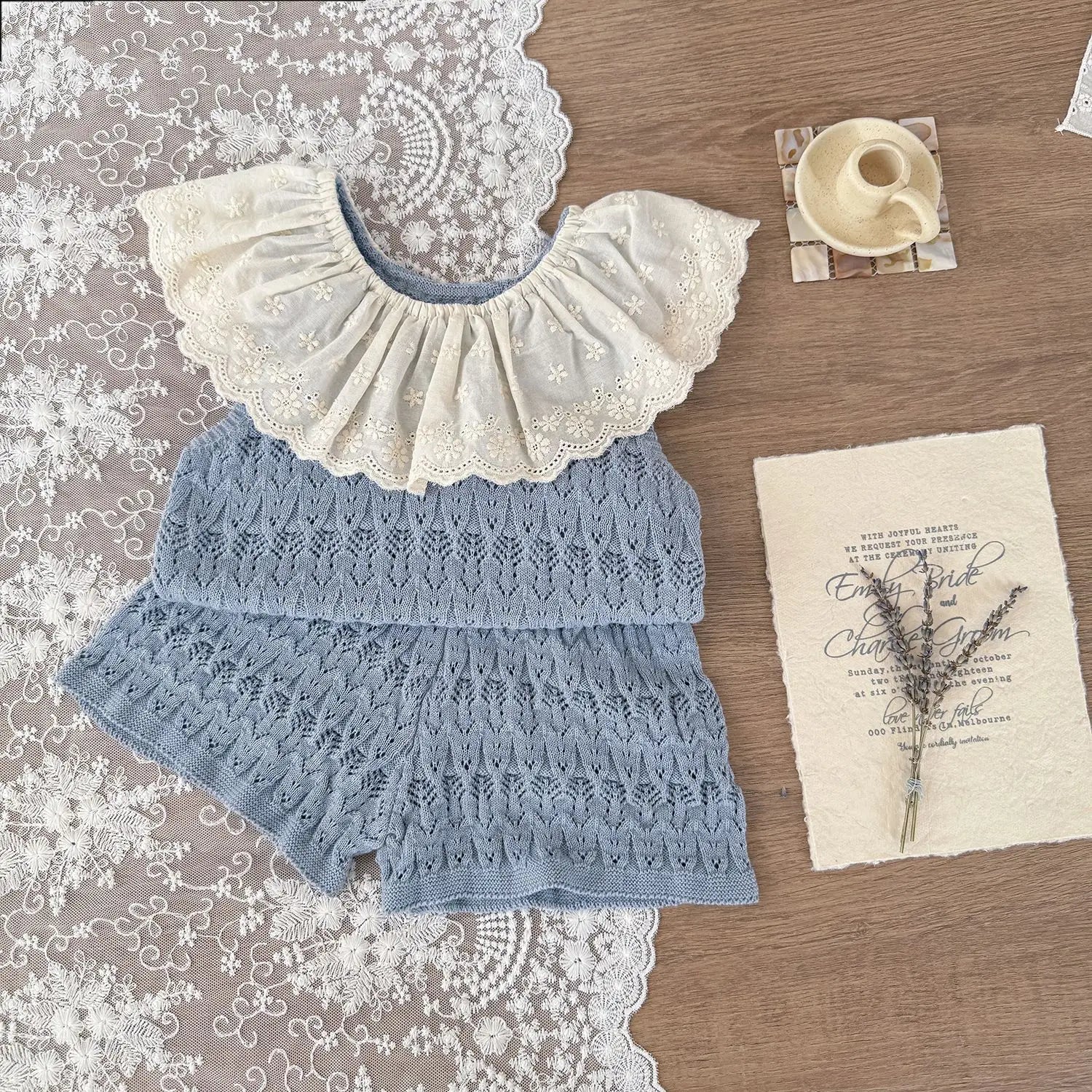 Baby Girls Hollow Knit Lace Collar Vest & Shorts Set