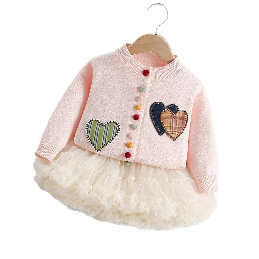 Girls Knitted Cardigan and Tutu Skirt Set - Heart Patchwork 2PCS