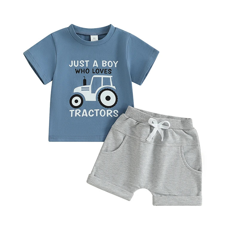 Toddler Boy's Tractor Print T-Shirt & Shorts Outfit