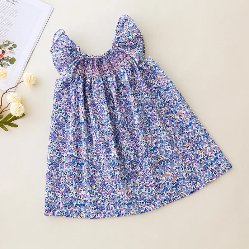 Girls' Summer Smocked Floral Dress with Ruffle Sleeves