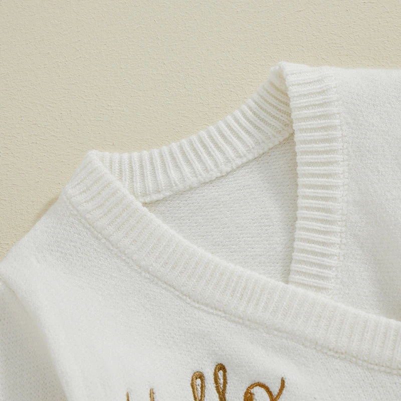Baby Girl Knit Sweater Romper with Gold Letter Embroidery & Tie-Up Detail