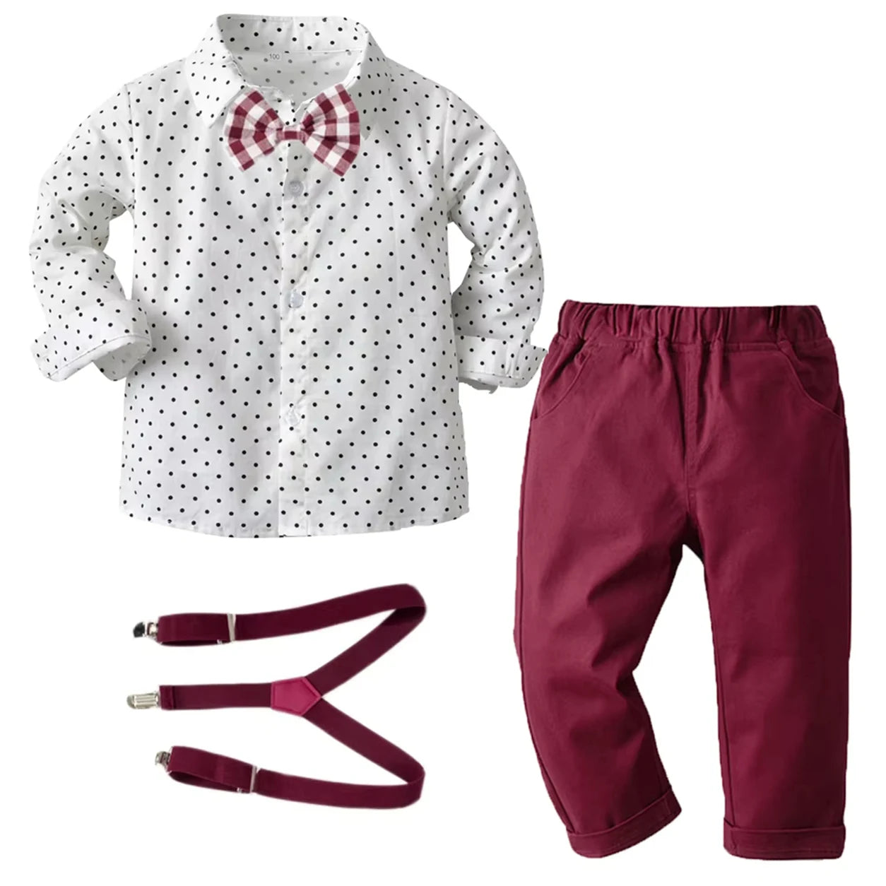 Boys Christmas 4-Piece Shirt, Bow Tie, Suspenders & Pants Set