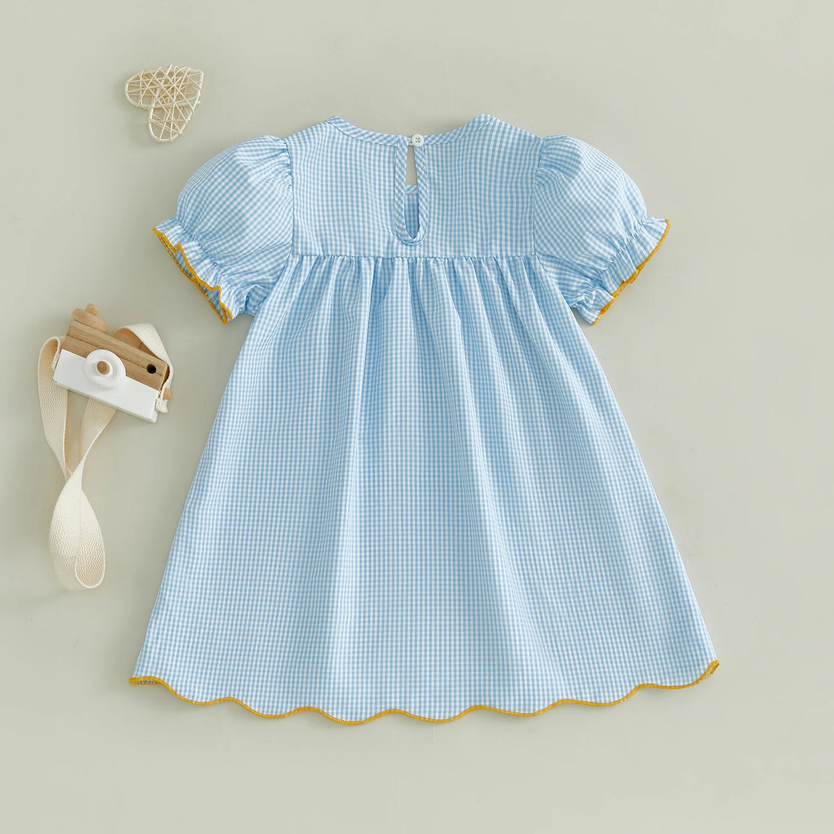 Girls Blue Plaid Pencil Appliqué Puff Sleeve A-Line Back-to-School Dress
