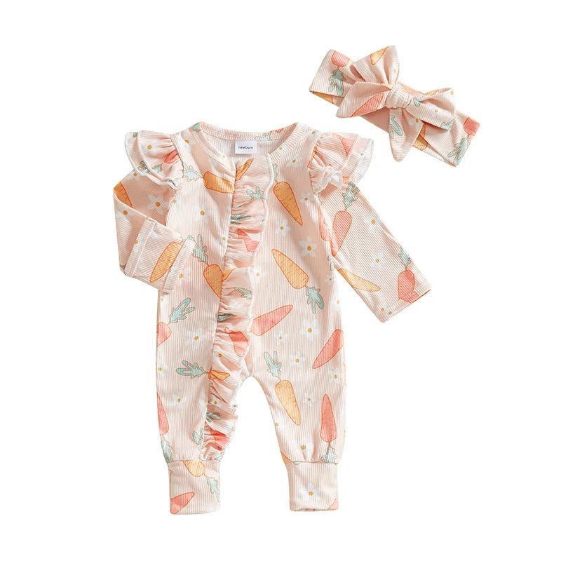 Carrot Print Ruffle Romper & Headband Set
