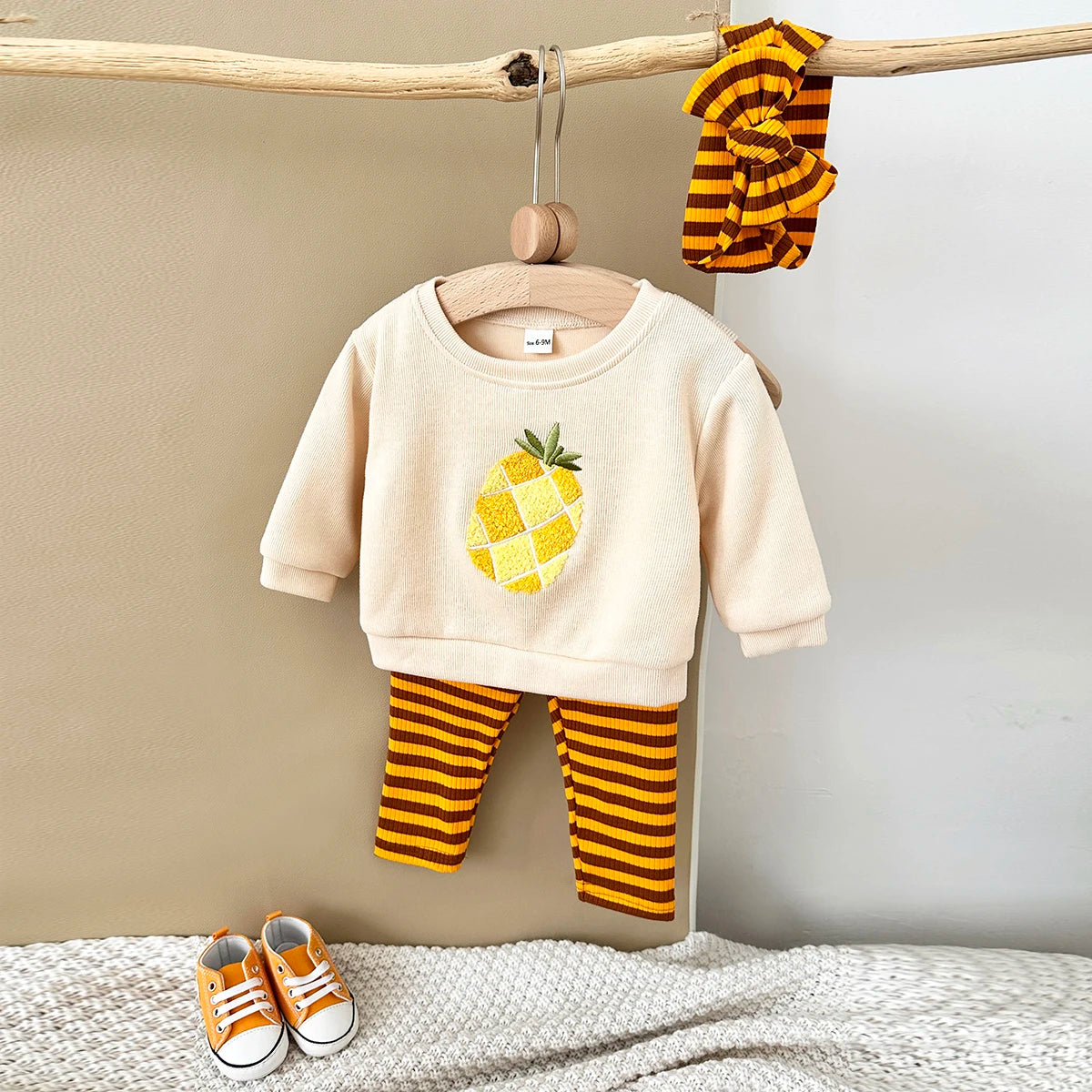 Embroidery Fruit Sweatshirt and Striped Pants Set