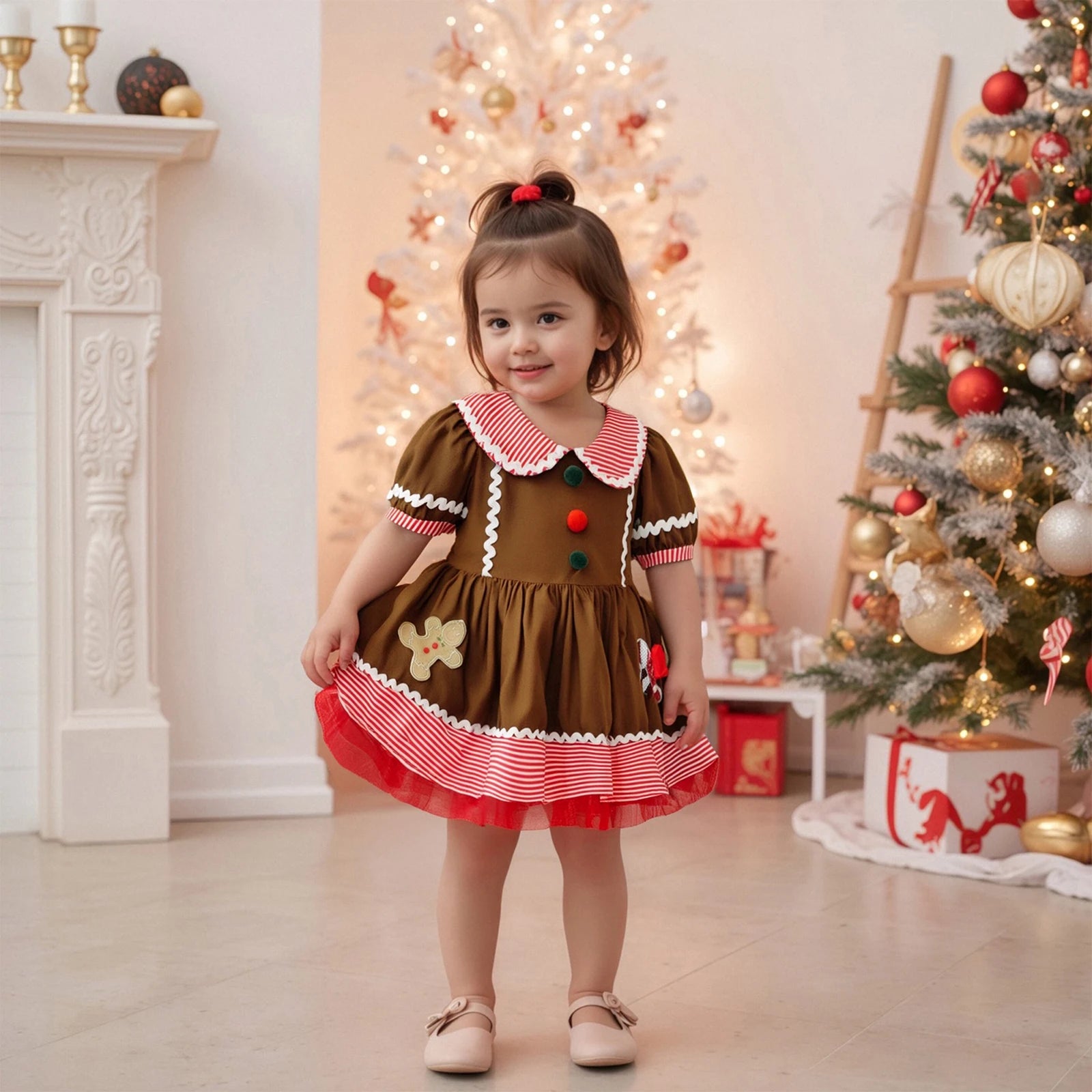 Toddler Girl's Christmas Gingerbread Man Collar Dress