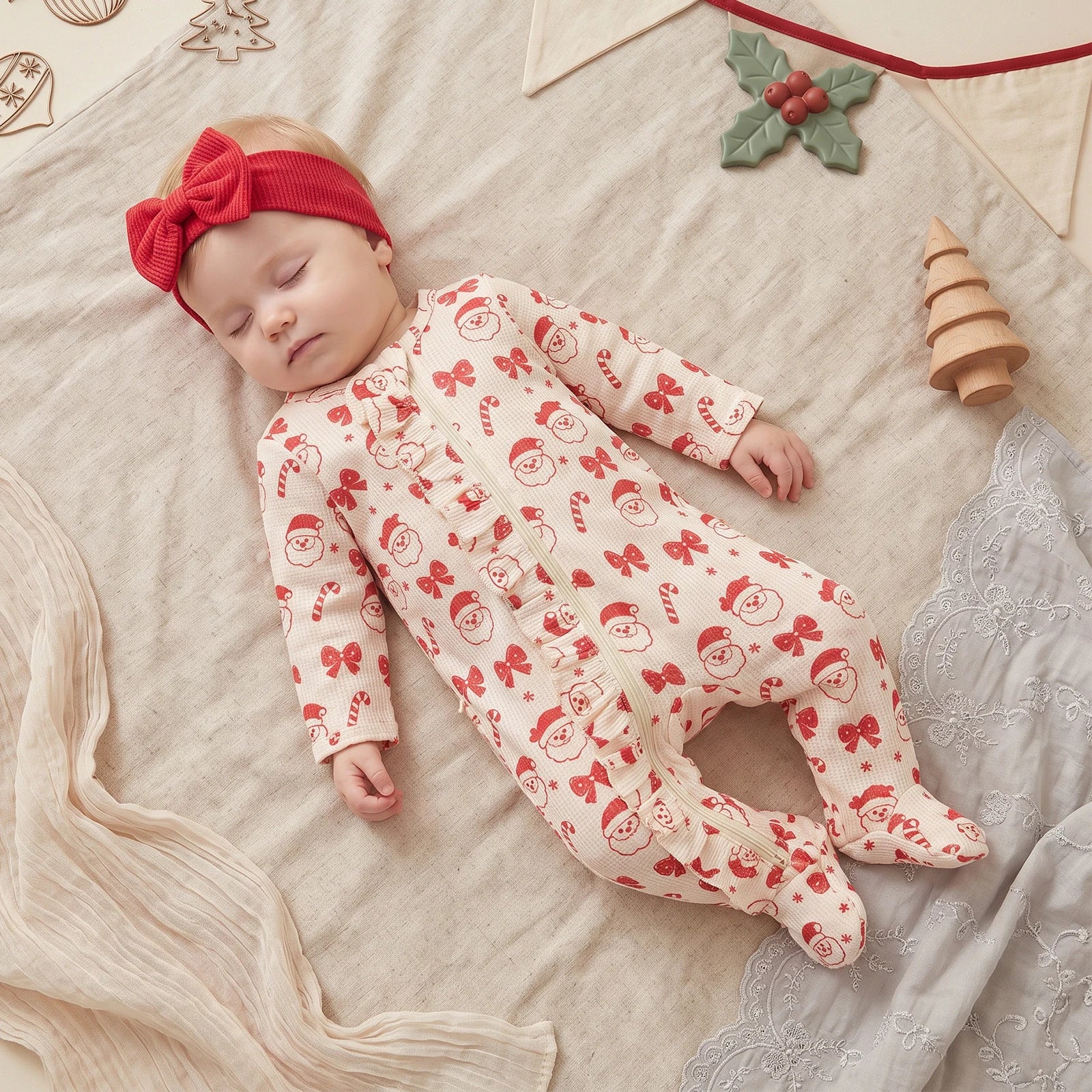 Baby Girl Santa Christmas Zipper Romper & Headband Set