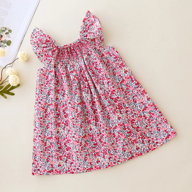 Girls' Summer Smocked Floral Dress with Ruffle Sleeves
