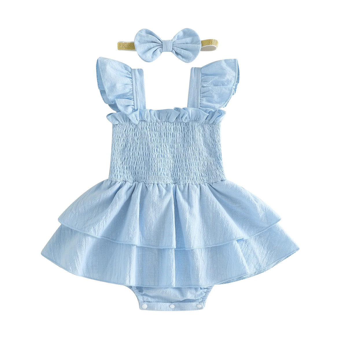 Baby Girl Fly Sleeve Solid Layered Romper Dress with Bow Headband
