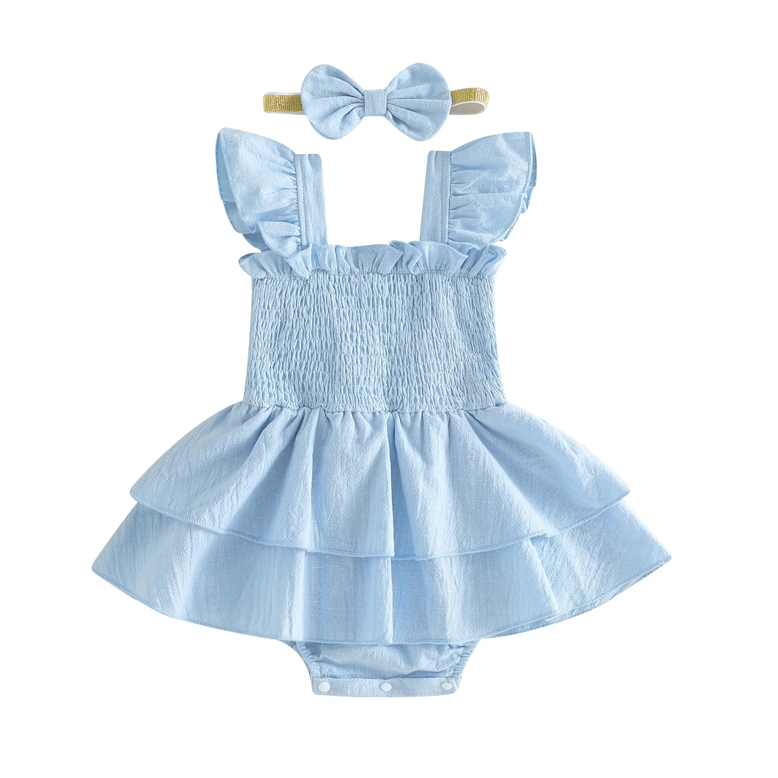 Baby Girl Fly Sleeve Solid Layered Romper Dress with Bow Headband