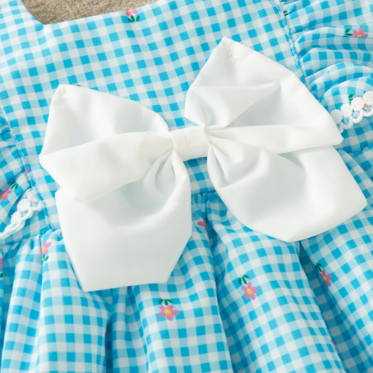 Baby Girl Blue Checkered Sleeveless Dress with Flower Bow Detail