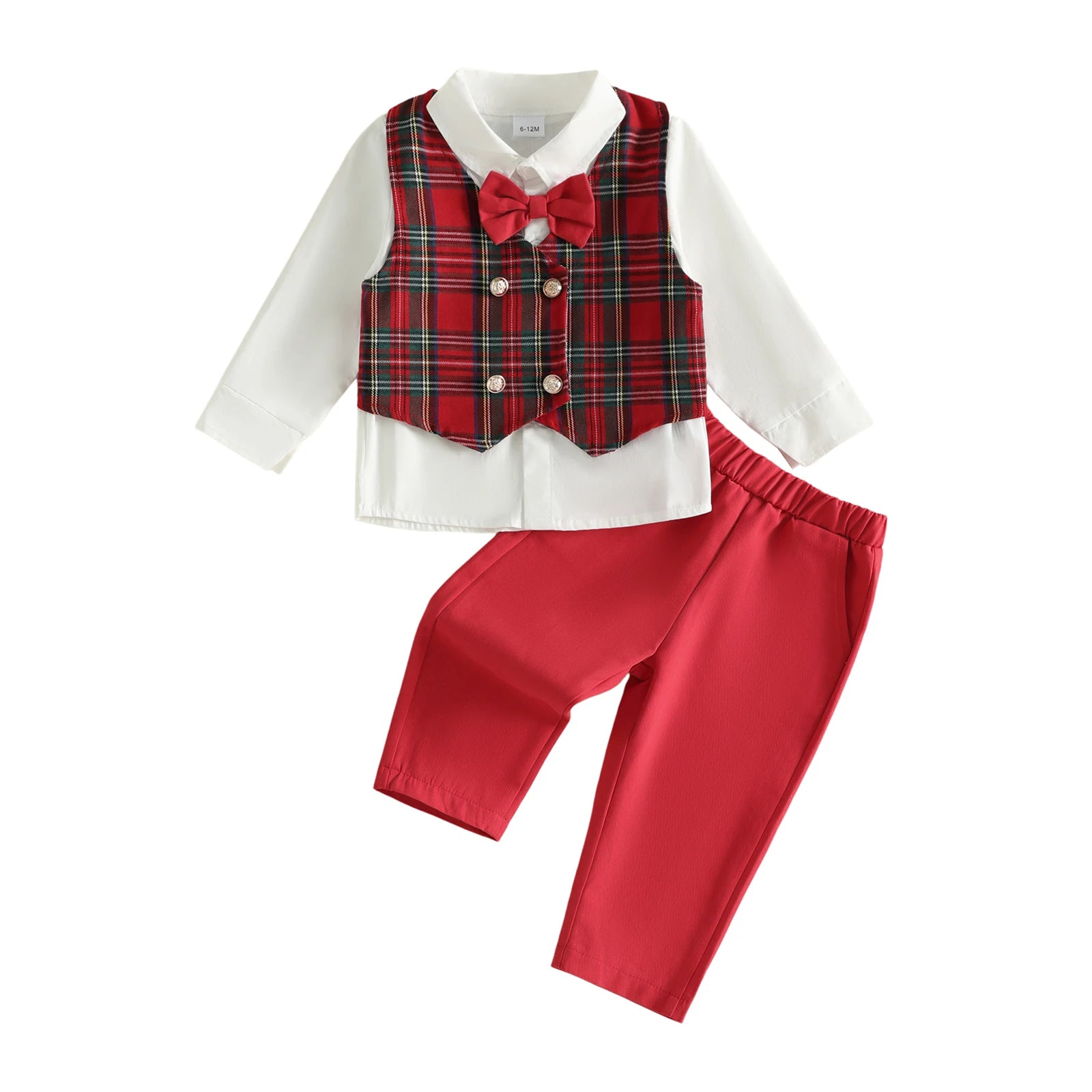 Boys Christmas Plaid Vest Outfit Set with Bow Tie & Pants