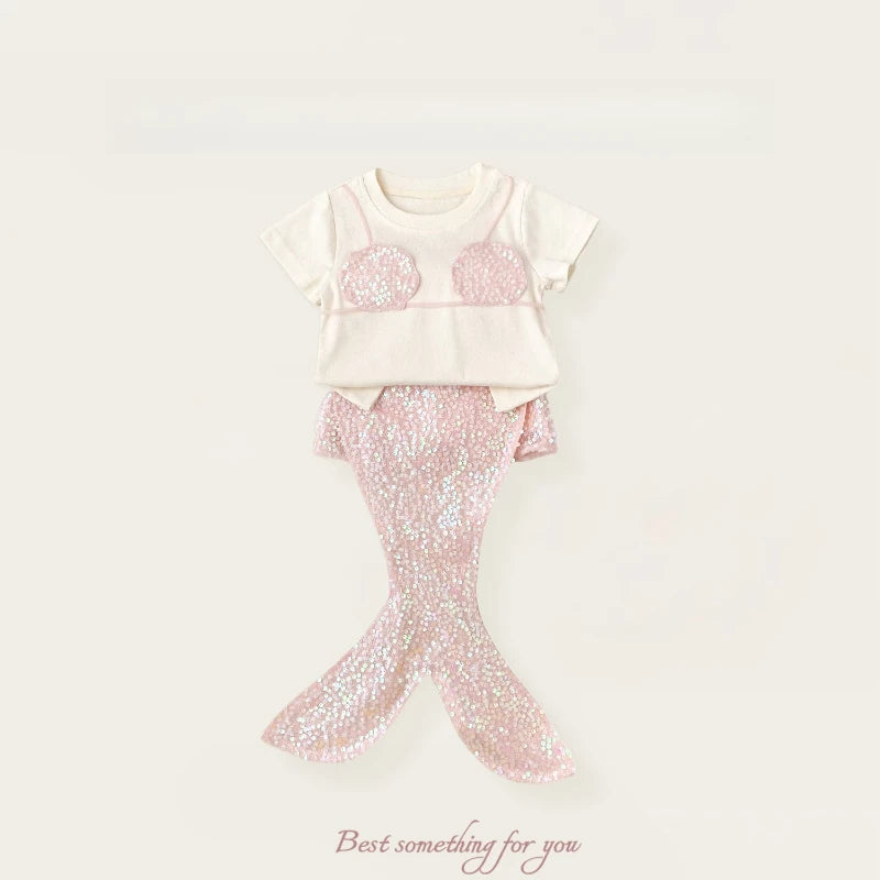 Girls' Pink Sequin Mermaid Costume Set – Shell Top & Mermaid Tail