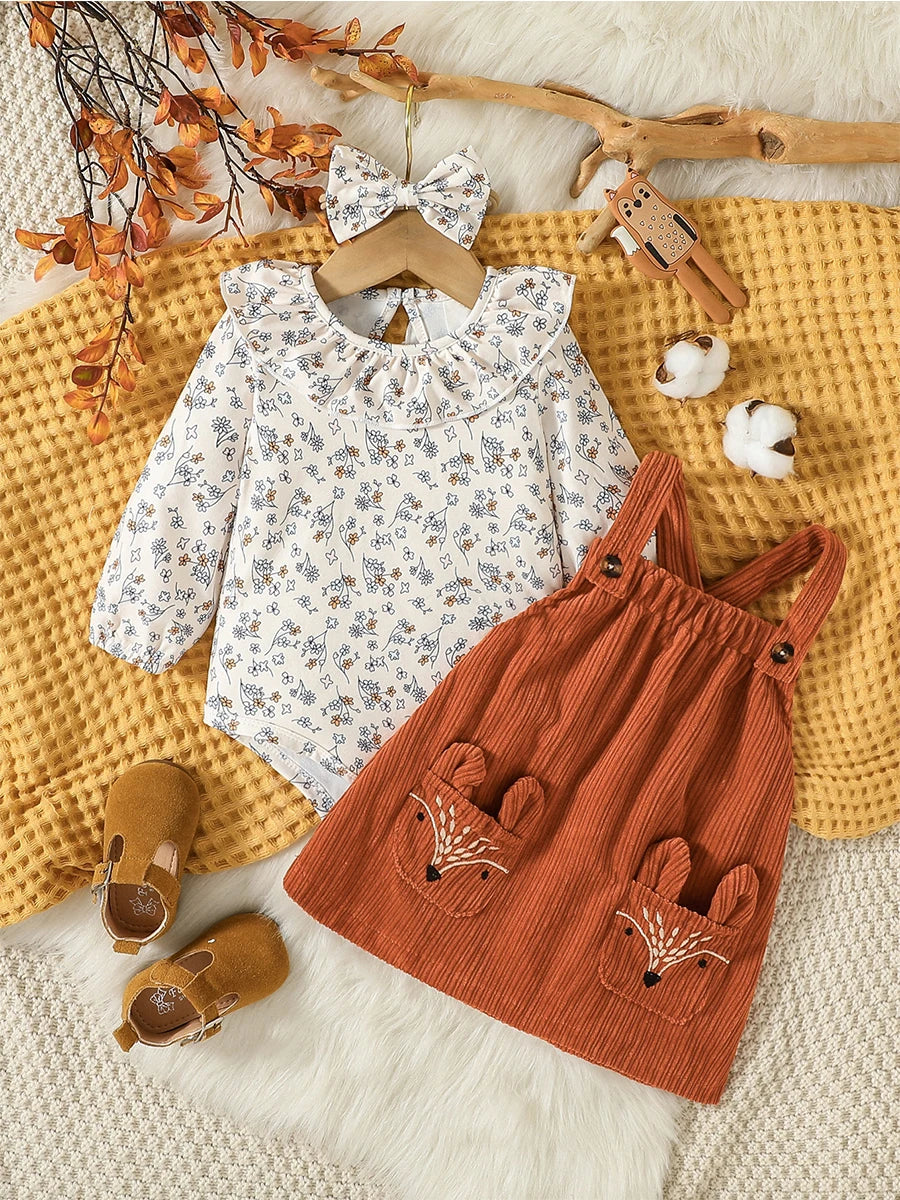 Baby Girl's Floral & Corduroy Fox Jumper Dress Set
